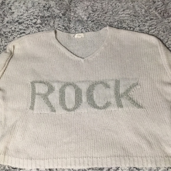 Elan Cream V-Neck Sweater with 'Rock' Motif - Picture 1 of 3